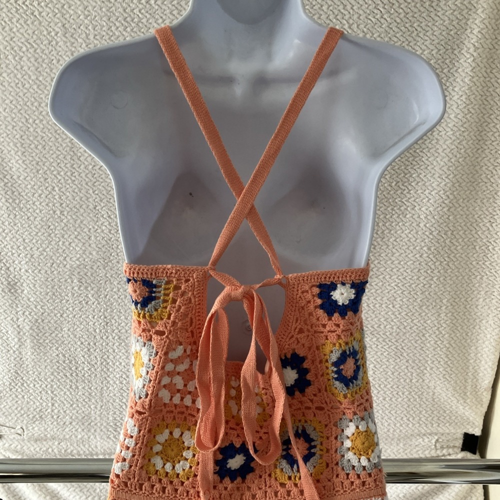 Pink Lily Crochet Halter Dress Colorful Granny Square Medium Boho Festival Gran - Picture 7 of 9